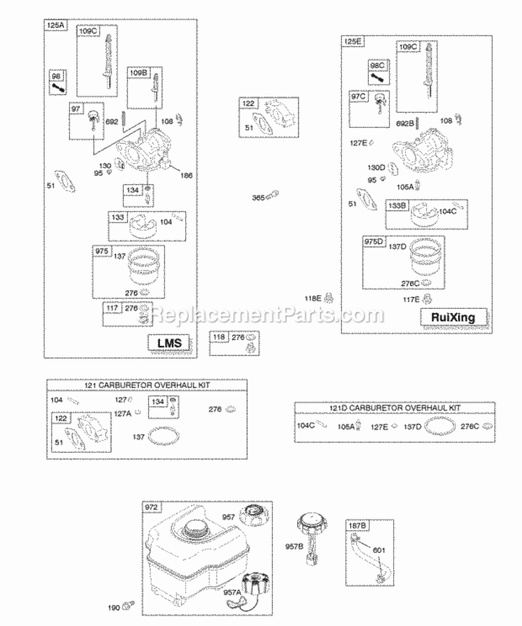 Carburetor Fuel Supply Diagram and Parts List for 12R212-0366-E1  Briggs and Stratton Engine